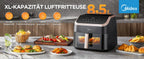 Midea XXL Heißluftfritteuse 8,5 L - 8-in-1, mit Sichtfenster, bis zu 200°C, ölfrei, spülmaschinenfest, Schwarz/Roségold.