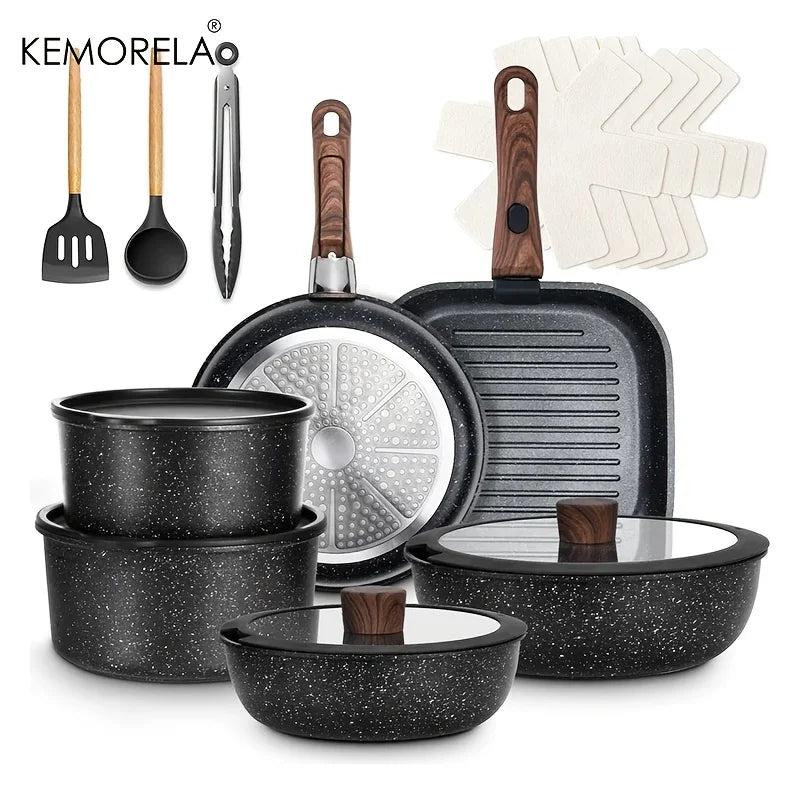 KEMORELA Set di Pentole Antiaderenti 20 Pezzi, Pentole e Padelle in Alluminio con Manici Staccabili, Compatibili con Induzione, Lavabili in Lavastoviglie e Adatte al Forno