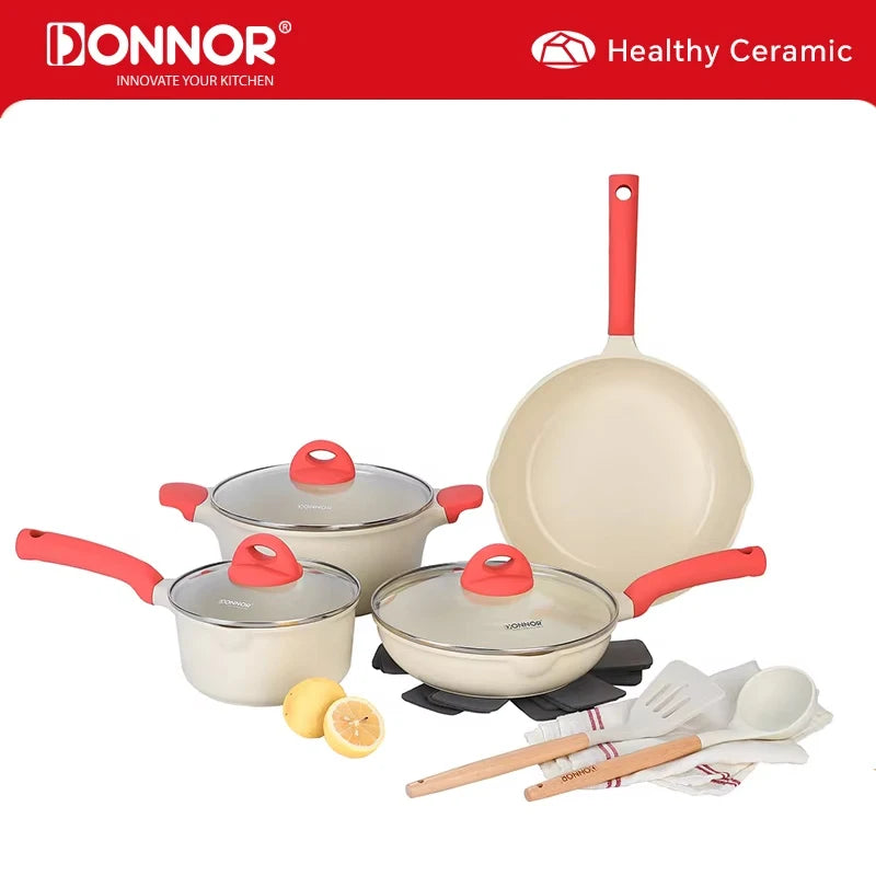 DONNOR 13-teiliges Topf- und Pfannenset, Kochgeschirr-Set, Induktionskochgeschirr-Set, Induktions-Töpfe und -Pfannen-Set, ofenfest JT448