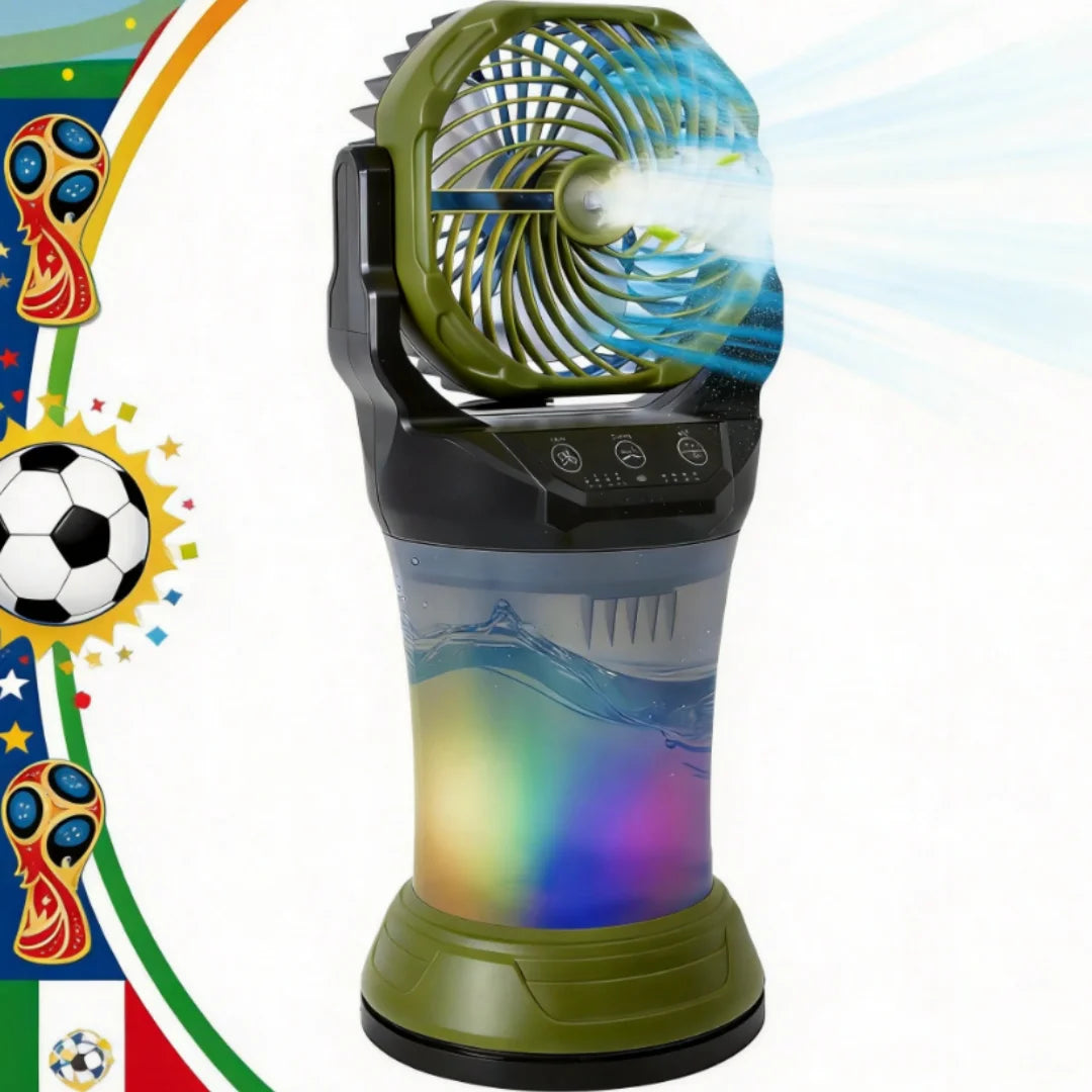 Ventilatore portatile con funzione nebulizzante, batteria, 4 impostazioni di velocità, serbatoio d'acqua da 2.000 ml e luce LED - ideale per il campeggio e l'uso all'aperto