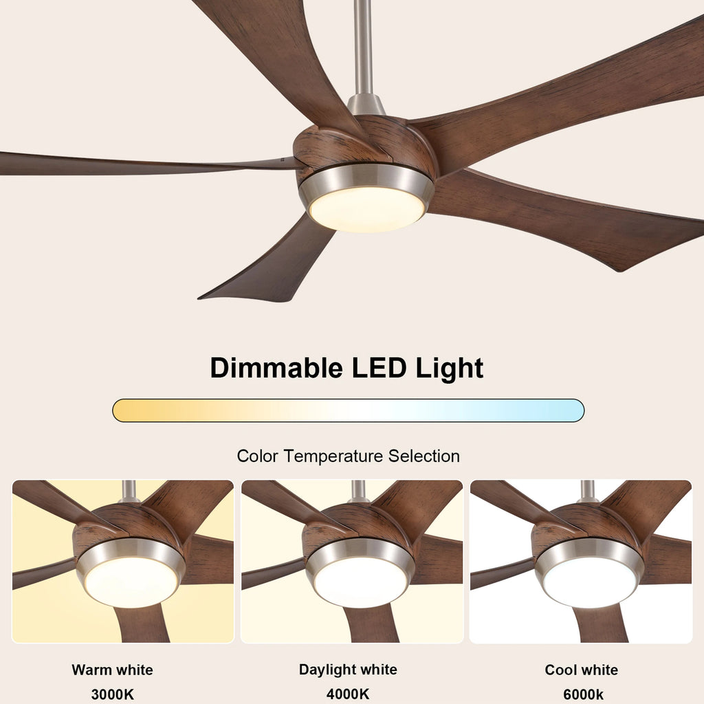 Ventilatore da soffitto reversibile da 52 pollici con luce LED dimmerabile, 5 pale in legno, nichel spazzolato, 3000K-6000K, telecomando, silenzioso per estate e inverno