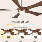 Ventilatore da soffitto reversibile da 52 pollici con luce LED dimmerabile, 5 pale in legno, nichel spazzolato, 3000K-6000K, telecomando, silenzioso per estate e inverno