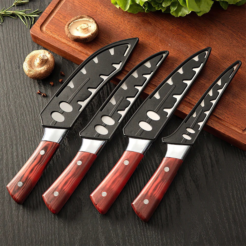 ZENG 4-teiliges Edelstahl-Fleischermesser-Set mit rotem Kunstholzgriff und Lederscheiden für die Küche