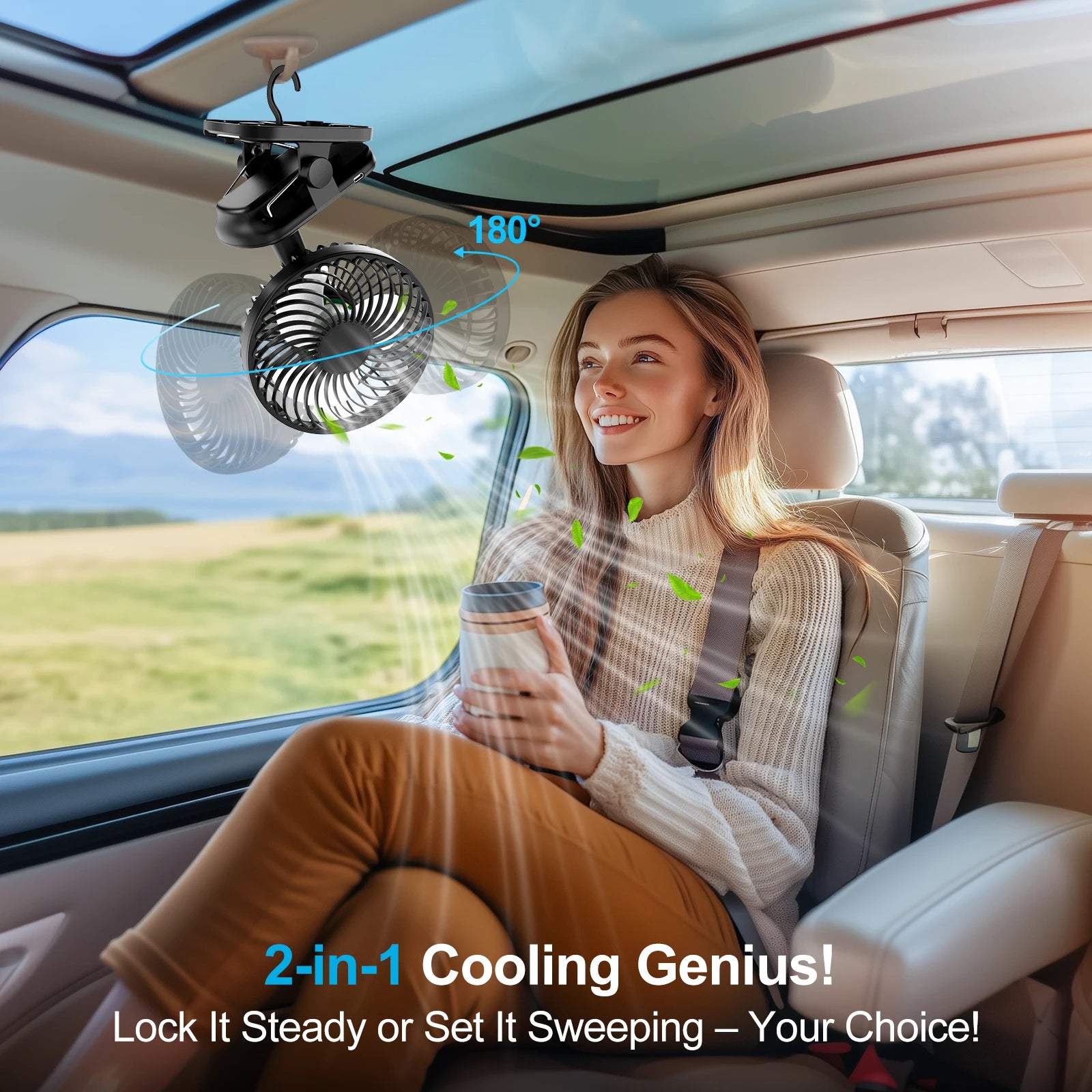 Mini Ventilatore Portatile a Clip, Ventilatore da Tavolo, 4 Velocità Silenziose con Rotazione a 360° °   Lampada da Campeggio con Oscillazione Automatica della Testa, Alimentazione ad Aria, Batteria da 4000mAh