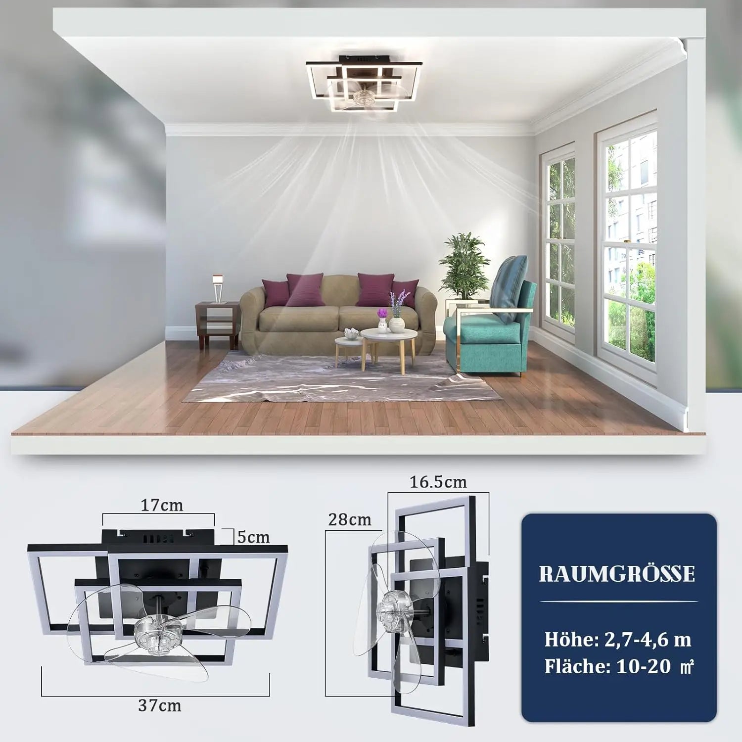 Ventilatore da soffitto nero a 3 teste con cornice quadrata, 33 cm, telecomando dimmerabile