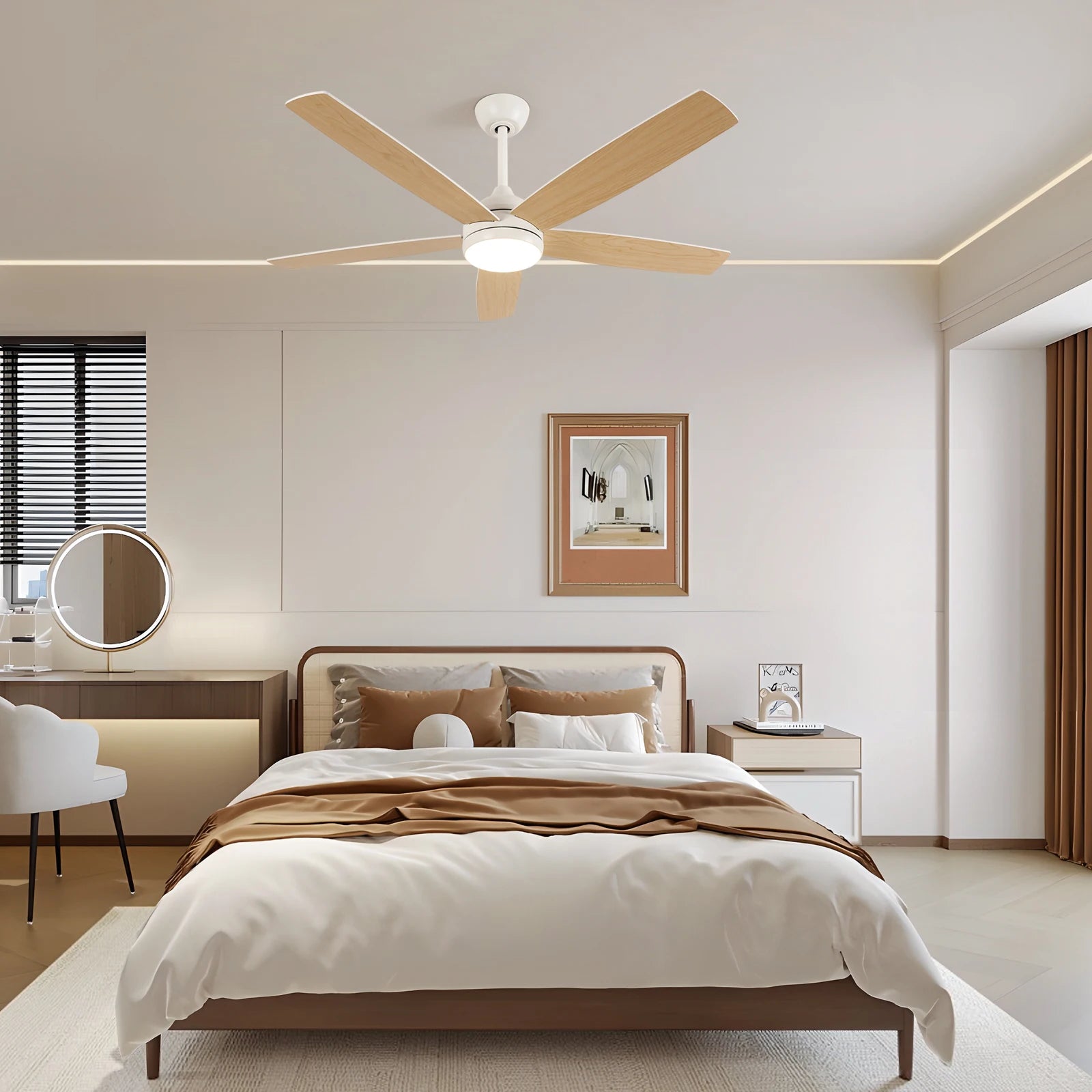 Ventilatore da soffitto LED intelligente con luci, 52 pollici (132 cm), 6 velocità, 2 modalità, luce LED dimmerabile, motore DC silenzioso, telecomando, ventilatore elettrico per camera da letto