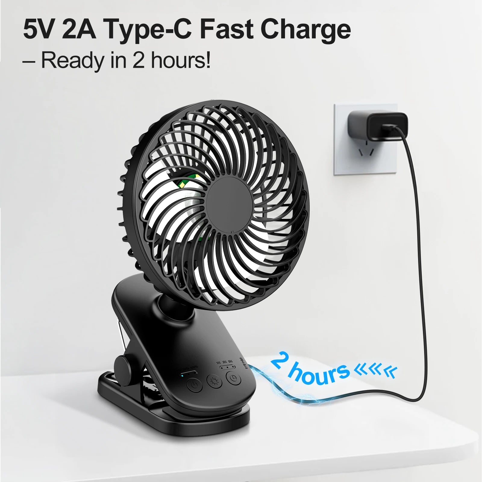 Mini Ventilatore Portatile a Clip, Ventilatore da Tavolo, 4 Velocità Silenziose con Rotazione a 360° °   Lampada da Campeggio con Oscillazione Automatica della Testa, Alimentazione ad Aria, Batteria da 4000mAh