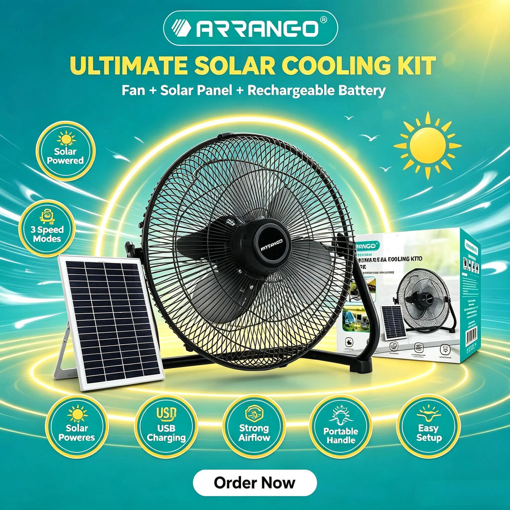 Arrango Solarbetriebener Standventilator, neigbar, leise, 3 Geschwindigkeiten, mit abnehmbarem Solarpanel für Wohnmobil, Angeln, Kühlung bei Stromausfall oder außerhalb des Stromnetzes