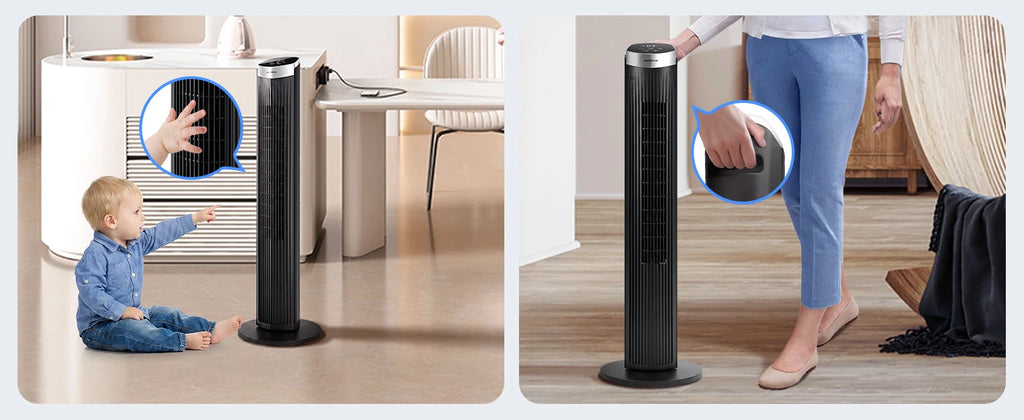 Aigostar Digitaler Turmventilator mit Fernbedienung/12-Stunden-Timer. 4 Modi und 3 einstellbare Geschwindigkeiten. 45W Leistung, 65° Oszillation, 93CM, für Zuhause und Büro, Schwarz