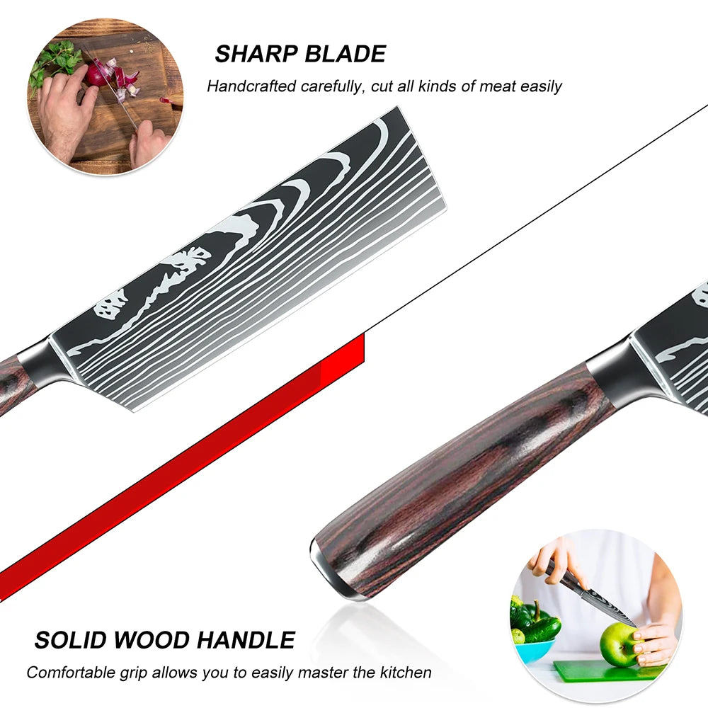 ZENG Professionelles 7-Zoll-Kochmesser – ultrascharf und langlebig, Edelstahl mit Holzgriff und lasergravierter Damast-Optik, mit Geschenkbox