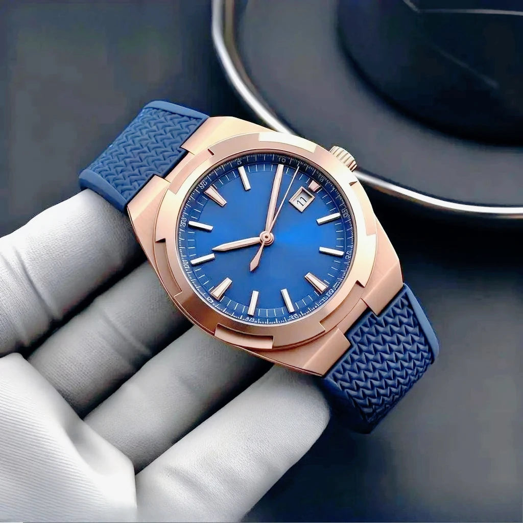 Moderne und elegante Herren-Sportuhren mit automatischem mechanischem Uhrwerk, präzisem und zuverlässigem Uhrwerk, internationalem Reise-Stil, schwarzem und blauem Zifferblatt