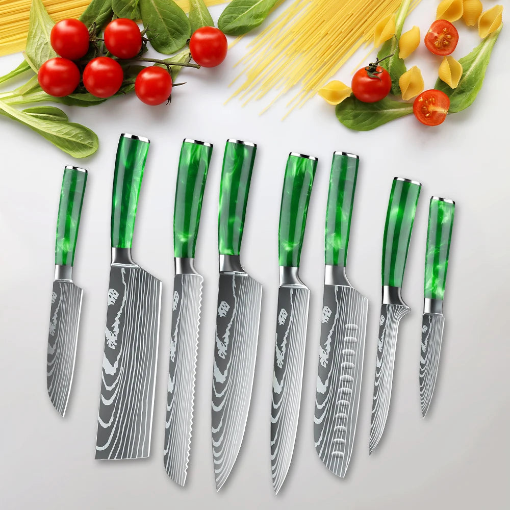 Set mit 8 scharfen und langlebigen ZENG Edelstahlmessern, mit grünem Harzgriff, tragbarer Nylontasche, Küchenutensilien für Zuhause und als Geschenk
