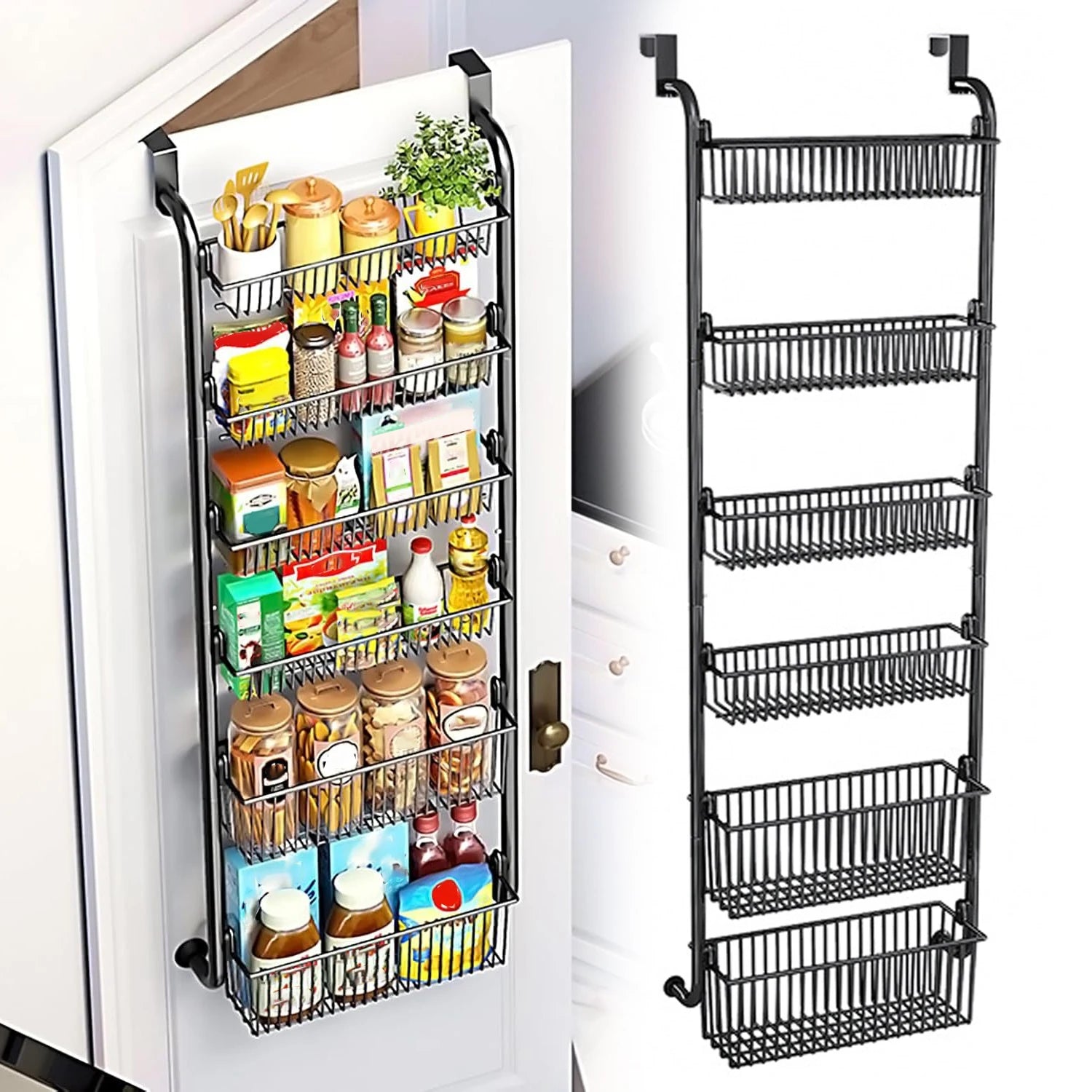 6-stöckiger Hänge-Tür-Organizer, Anti-Kipp-Design, 6 große Körbe, kein Bohren erforderlich, Metallregal für Schlafzimmer, Bad, Küche