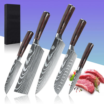 Set of 5 kitchen knives with laser Damask pattern, 7Cr17 steel, sharp, rust-resistant, wooden handle, gift box with fastening strap