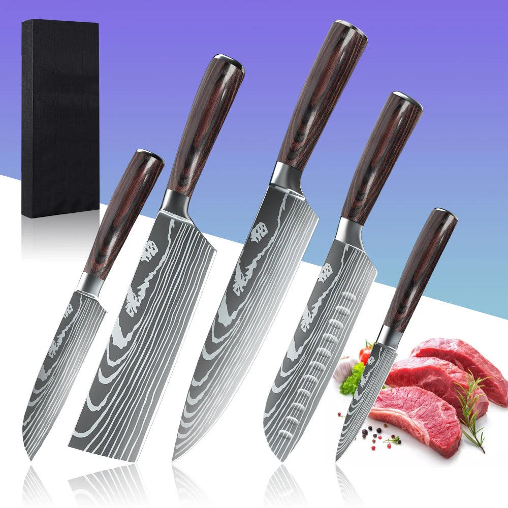 5-teiliges Küchenmesserset mit lasergeätztem Damastmuster, 7Cr17-Stahl, scharf, rostbeständig, Holzgriff, Geschenkbox mit Befestigungsgurt