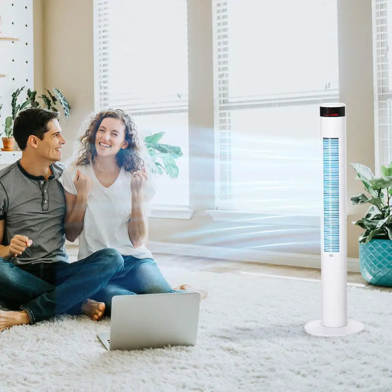 Ventilatore a colonna bianco con 3 velocità e 4 modalità di ventilazione, timer programmabile 12 ore, pannello di controllo LED e telecomando, oscillazione automatica per raffreddare uniformemente casa e ufficio 31,5 x 31,5