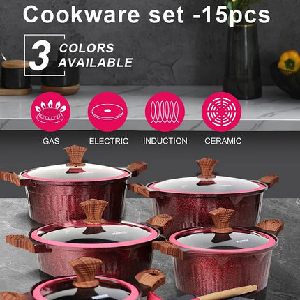 DONNOR Set di pentole da 6/15 pezzi, pentola per zuppa antiaderente, pentola per stufato con coperchio in vetro, pentole con rivestimento sano in granito per fornelli da cucina universali