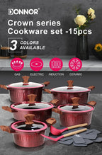 DONNOR Set di Pentole 6/15 Pezzi Pentola per Zuppa Antiaderente Pentola per Stufato con Coperchio in Vetro Pentole per Cappotto Sano in Granito per Stufe da Cucina Universali