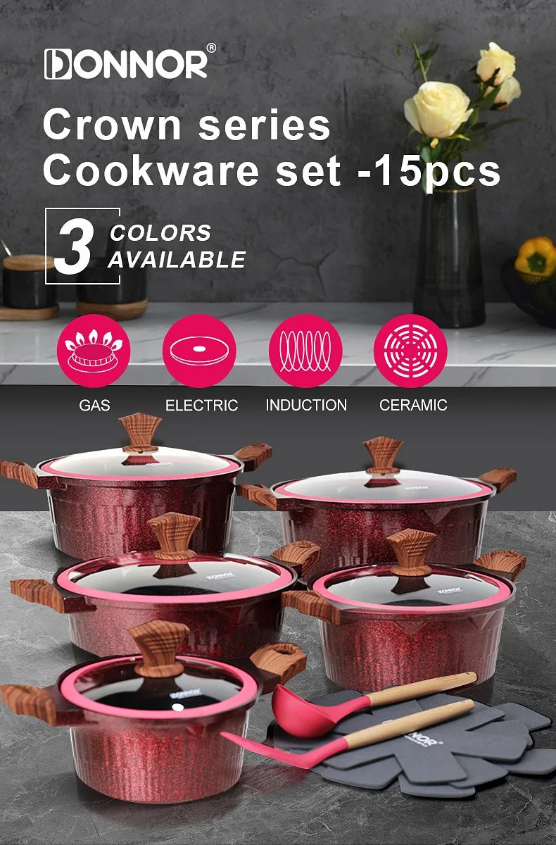 DONNOR Set di Pentole 6/15 Pezzi Pentola per Zuppa Antiaderente Pentola per Stufato con Coperchio in Vetro Pentole per Cappotto Sano in Granito per Stufe da Cucina Universali