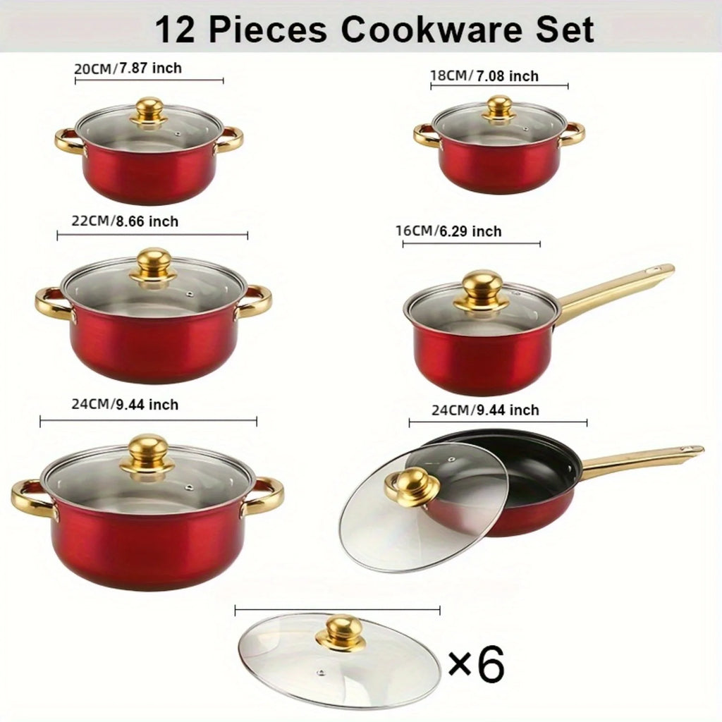 12-teiliges Kochgeschirr-Set aus Edelstahl, mehrfarbige Antihaftpfannen, Töpfe, Bratpfannen, Pfannen mit Deckel, vielseitig, elegant und langlebig