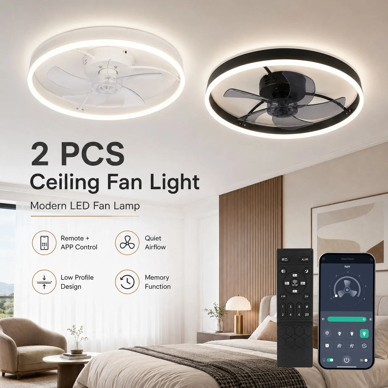 Ventilatore da soffitto con luce LED 50 cm Oraymin moderno telecomando dimmerabile 6 velocità