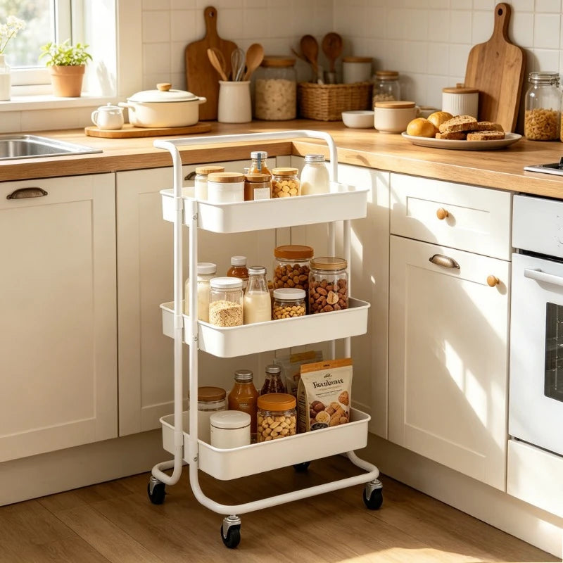 Carrello da cucina bianco a 3 livelli, 42x35x85 cm, materiale in ferro e ABS, stile moderno e semplice, telaio robusto anti-vibrazione, ampio spazio di archiviazione a strati, ruote universali scorrevoli, facile montaggio, sa