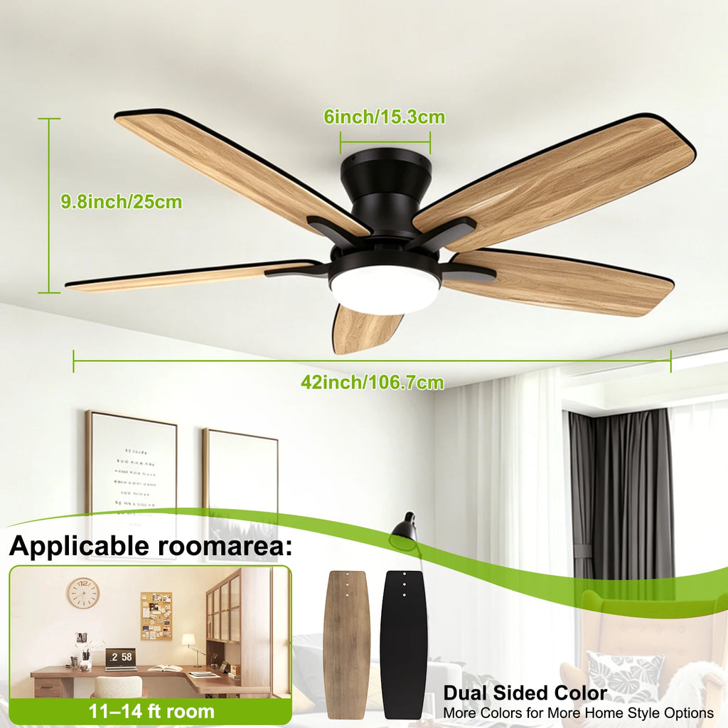 Ventilatore da soffitto a doppia pala da 42 pollici con luce LED dimmerabile, motore DC reversibile a 6 velocità dimmerabile, timer silenzioso, ventilatore a basso profilo per camera da letto, cucina, appartamento