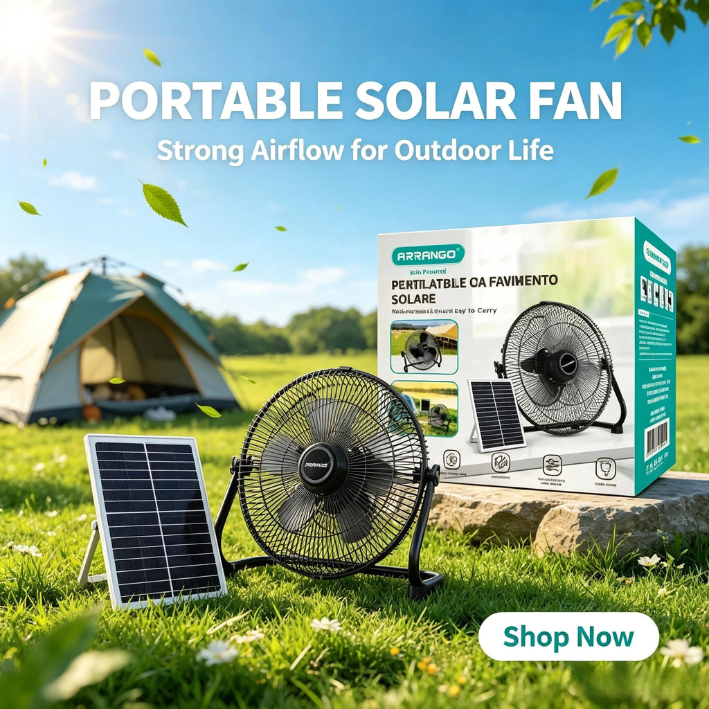 Arrango Solarbetriebener Standventilator, neigbar, leise, 3 Geschwindigkeiten, mit abnehmbarem Solarpanel für Wohnmobil, Angeln, Kühlung bei Stromausfall oder außerhalb des Stromnetzes