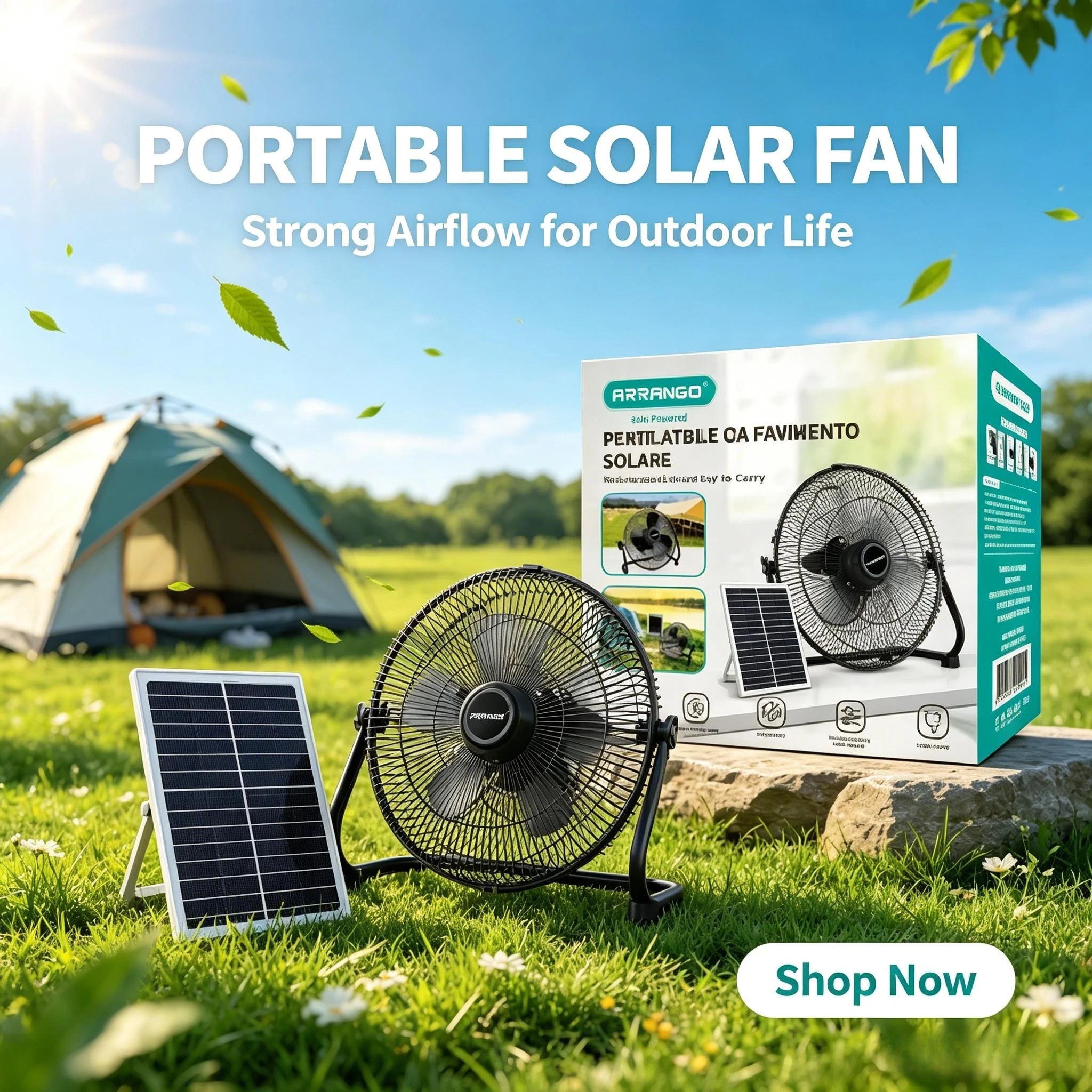 Arrango Solar-Standventilator, groß, wiederaufladbar, leise, 3 Geschwindigkeiten, tragbar, mit Solarpanel, für Camping, Zelt, Outdoor, Notfall, Hausbelüftung