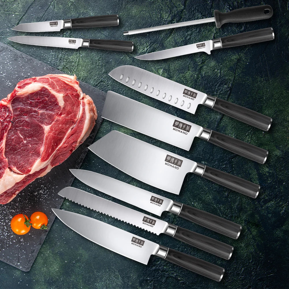 Professionelles 10-teiliges Küchenmesser-Set Chefmesser Tranchiermesser Hochkohlenstoffstahl Superscharfer Holzgriff Geschenkbox