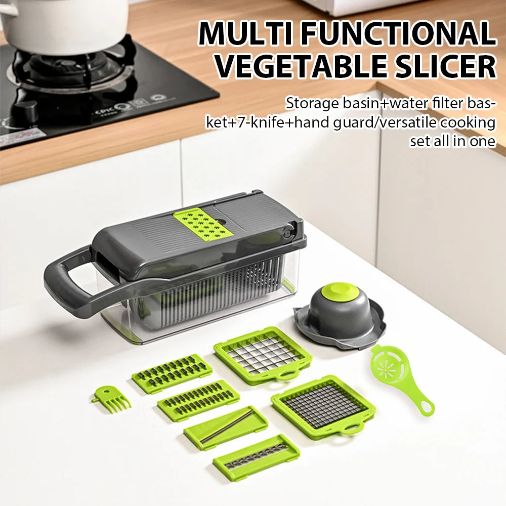 16-in-1 Multifunktionaler Gemüseschneider Manueller Nahrungsmittelzerkleinerer Eiertrenner Sparschäler Gemüseschneider Dicer Küchenschneider