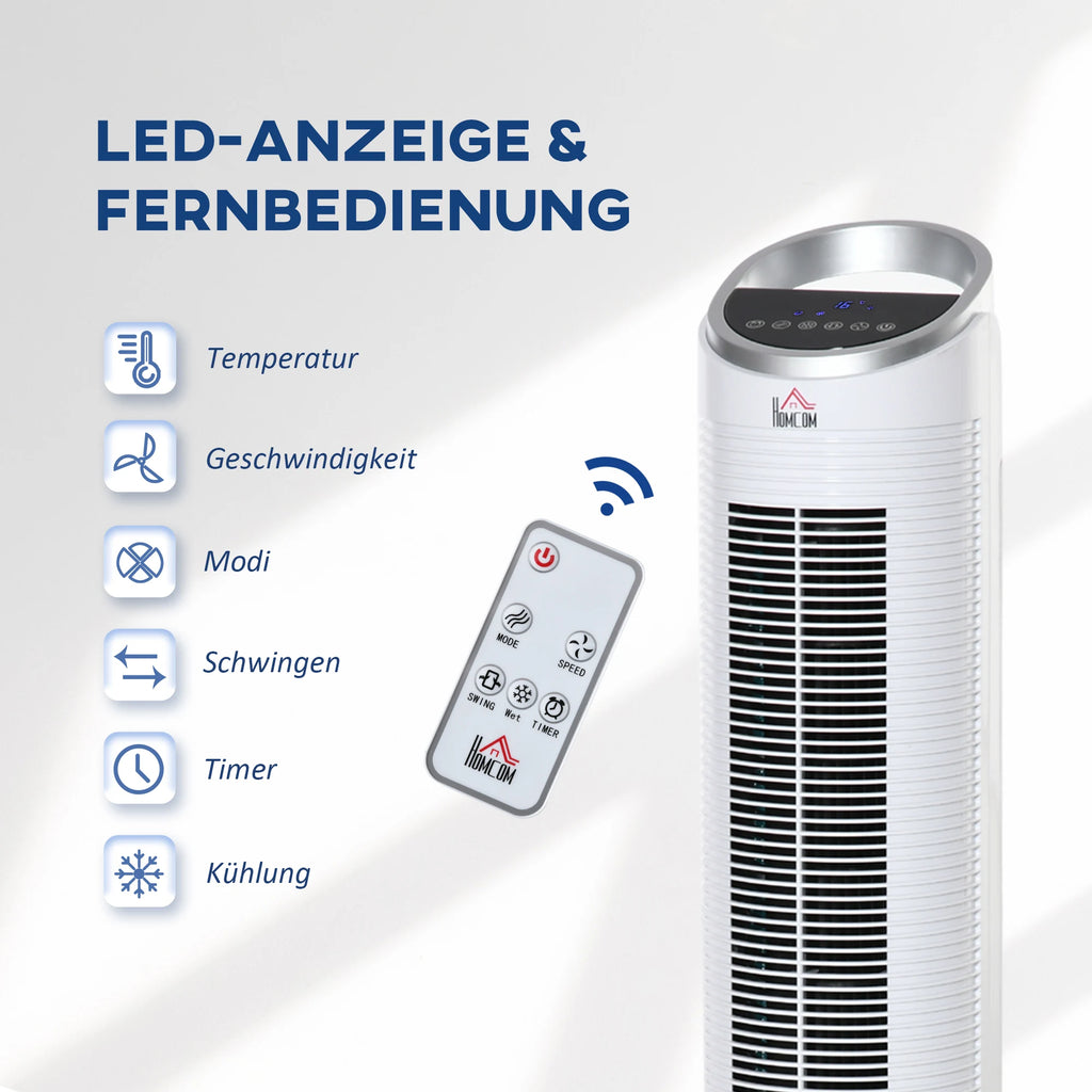 Ventilatore a torre da 60W raffreddato ad acqua con telecomando, funzione umidificante, timer di 8 ore, adatto per ambienti inferiori a 20 m². ㎡ Diametro 30 cm, altezza 100,8 cm.