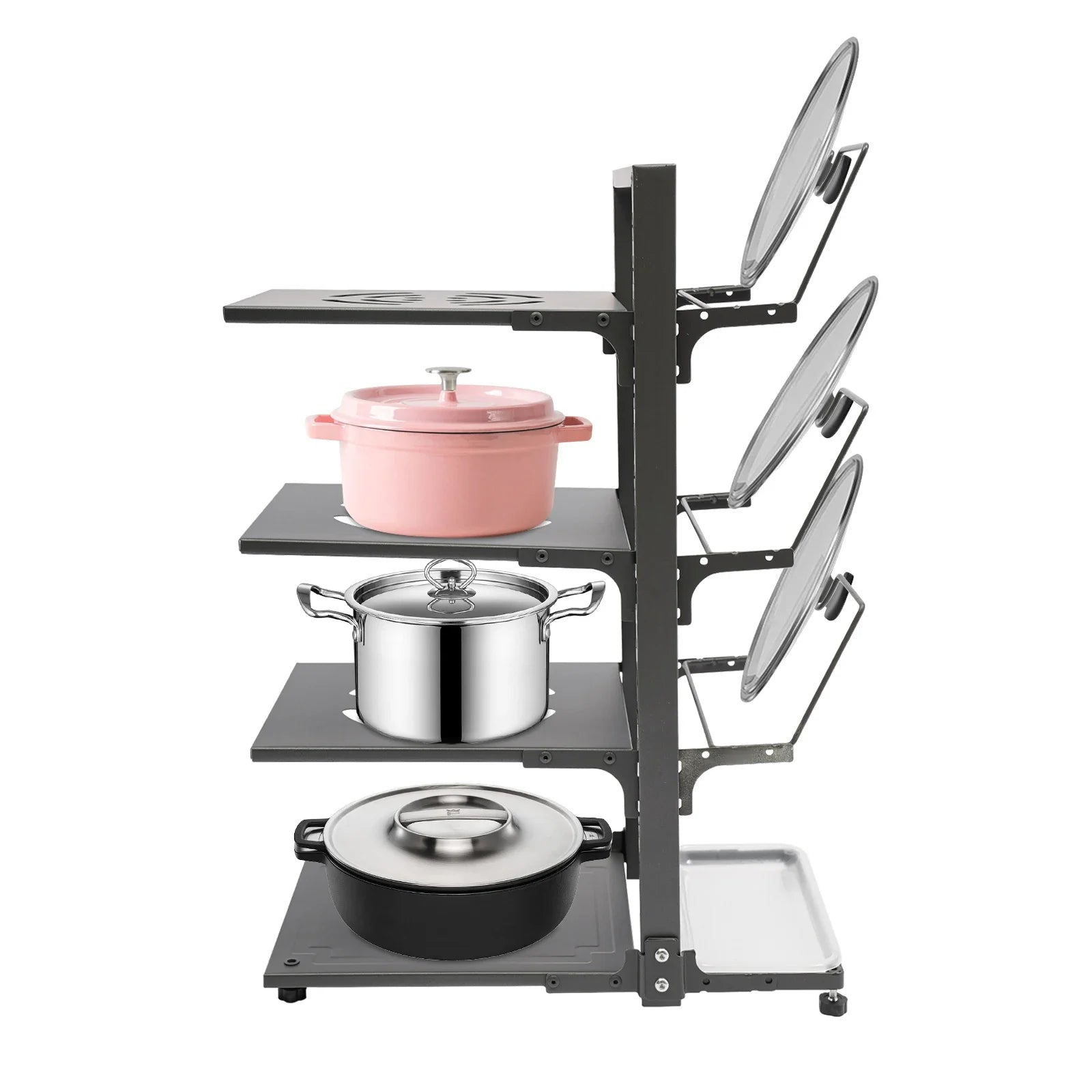 Portaoggetti da cucina per pentole e padelle a 4 livelli, grigio/nero salvaspazio