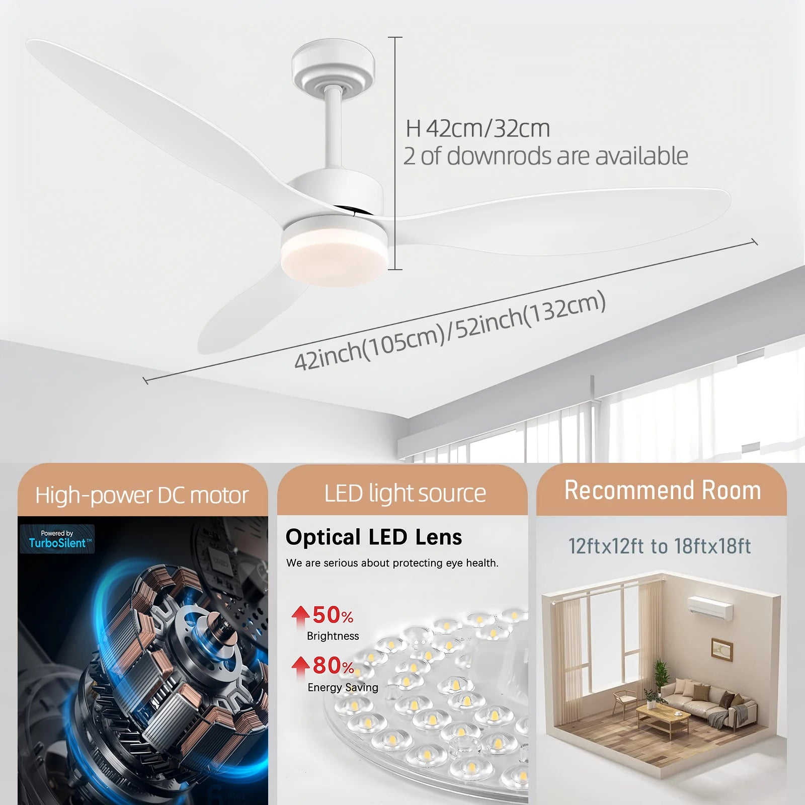 Ventilatore da Soffitto a Risparmio Energetico da 42-52 Pollici con Luce e Telecomando Ventilatore Elettrico Reversibile a 3 Pale, Ventilatore da Soffitto a Basso Profilo per Caffetteria, Casa, Hotel, Ufficio, Bungalow