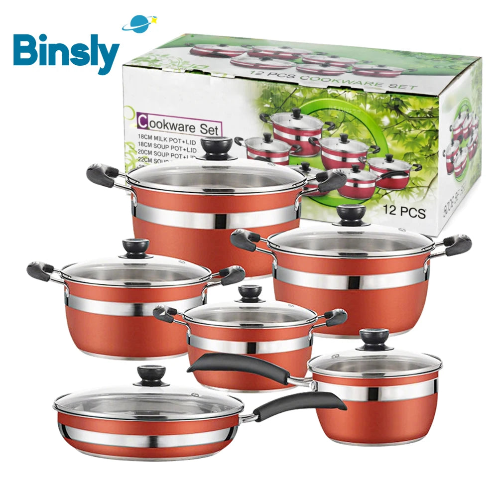 Set di Pentole Antiaderenti da 12 Pezzi in Acciaio Inox Premium con Coperchi in Vetro per Cucina Domestica