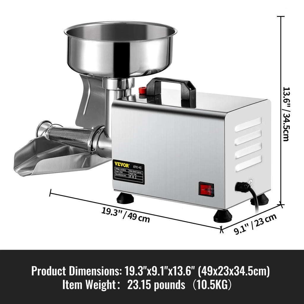 SucceBuy Elektrischer Passierer für Tomaten, 370W, professioneller Tomaten-Entsafter aus Edelstahl, 90-160 kg/h