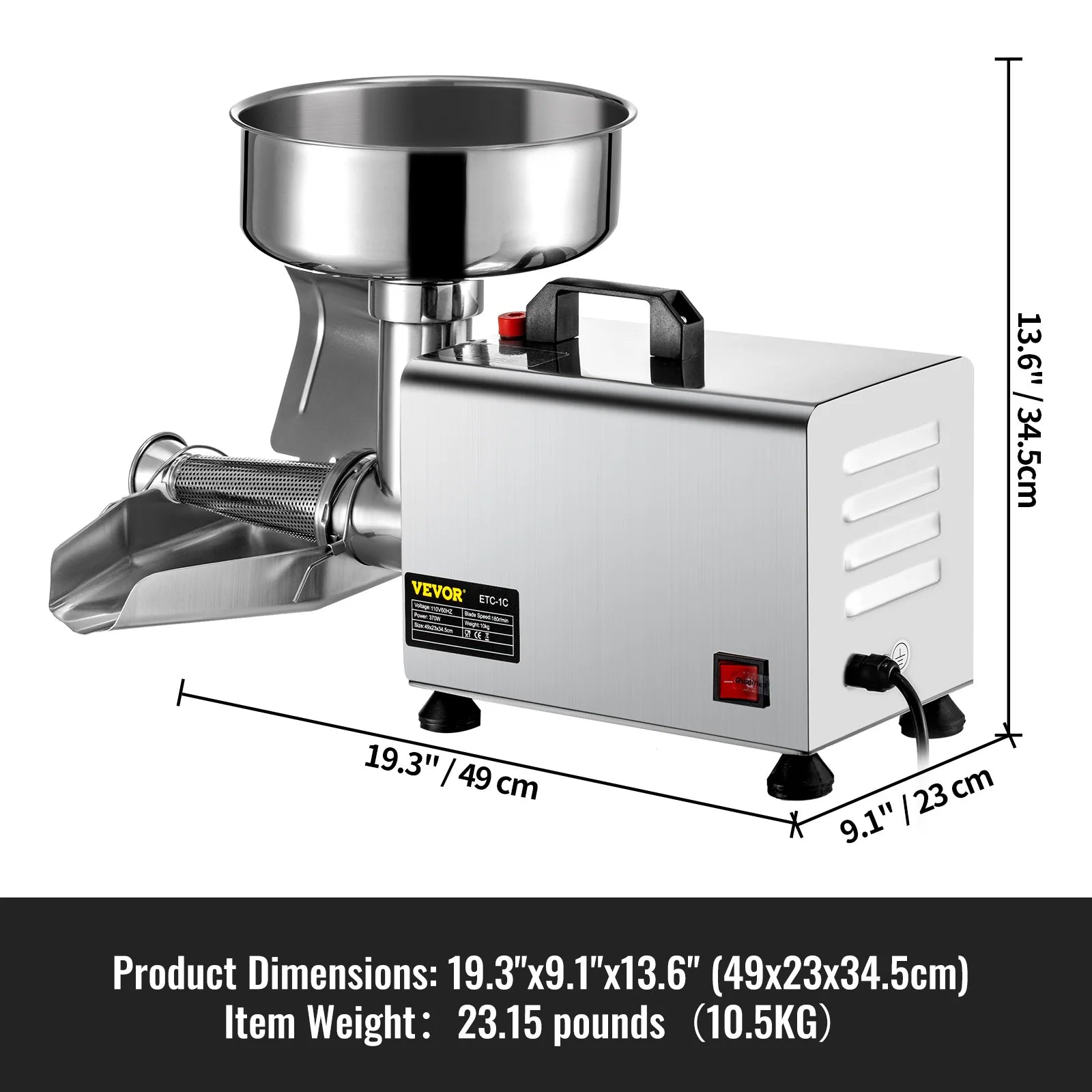 SucceBuy Elektrischer Passierer für Tomaten, 370W, professioneller Tomaten-Entsafter aus Edelstahl, 90-160 kg/h