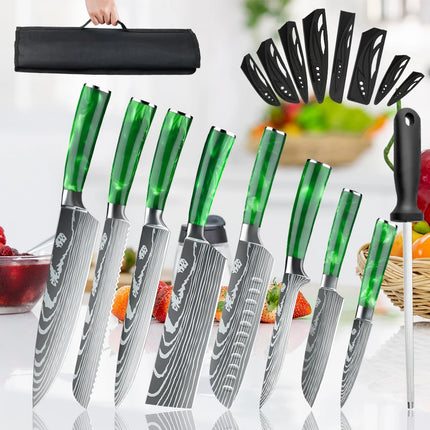 Set of 8 ZENG knives in sharp and durable stainless steel, with green resin handle, portable nylon bag, kitchen tools for home and gift