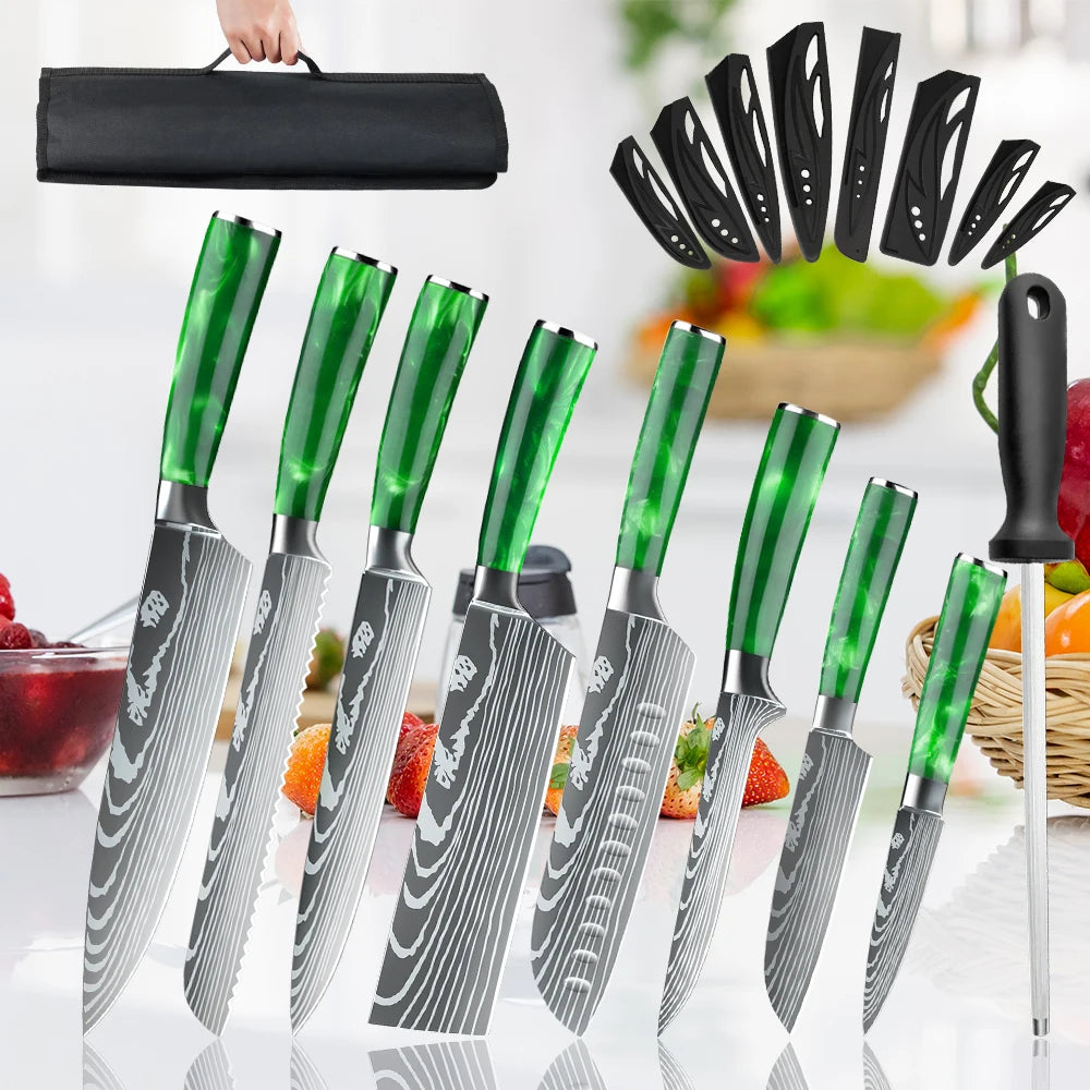 Set mit 8 scharfen und langlebigen ZENG Edelstahlmessern, mit grünem Harzgriff, tragbarer Nylontasche, Küchenutensilien für Zuhause und als Geschenk