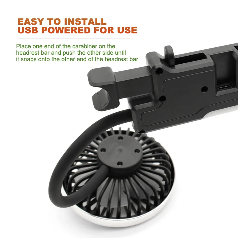 Ventilatore portatile USB a doppia testa regolabile con interruttore indipendente, 3 velocità 360° °   Ventilatore da Poggiatesta per Auto, per Casa e Sedile Posteriore