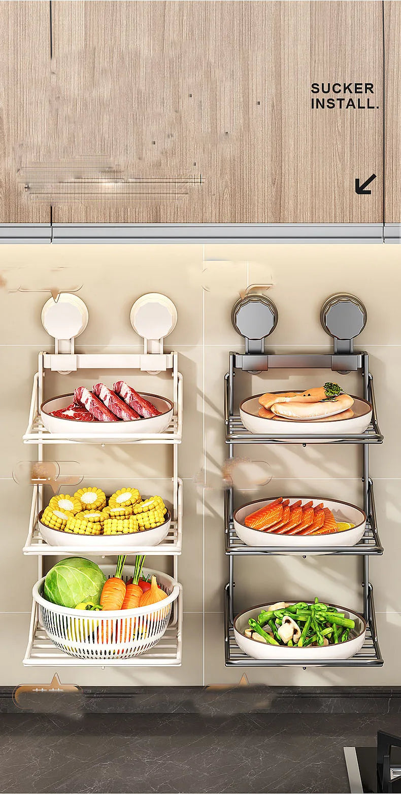 Ventosa multistrato Cucina Rastrelliere per verdure Frutta Parete angolare Vassoio per frutta Scaffale da cucina rimovibile Utensili senza trapano