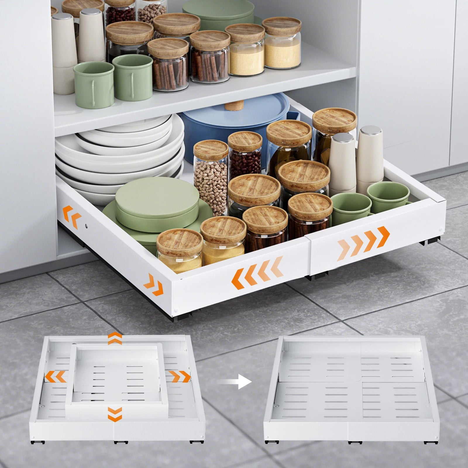 1/2PCS Scaffale da cucina Organizzatore per armadio estraibile Senza punzonatura Cassetti scorrevoli espandibili per armadio da cucina, dispensa, bagno