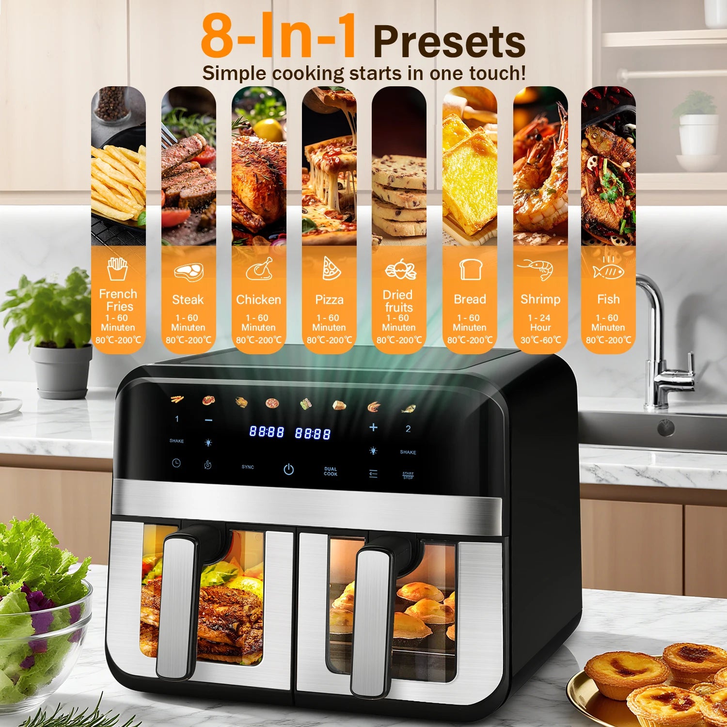 Forno friggitrice ad aria a doppio cestello da 9 litri con finestre Easy View - Oyajia