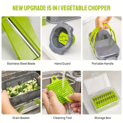 Tritaverdure multifunzione 22 in 1, mandolina, affettatrice, tritatutto per cipolle, grattugia per alimenti con cestello di scolo e contenitore, accessori da cucina