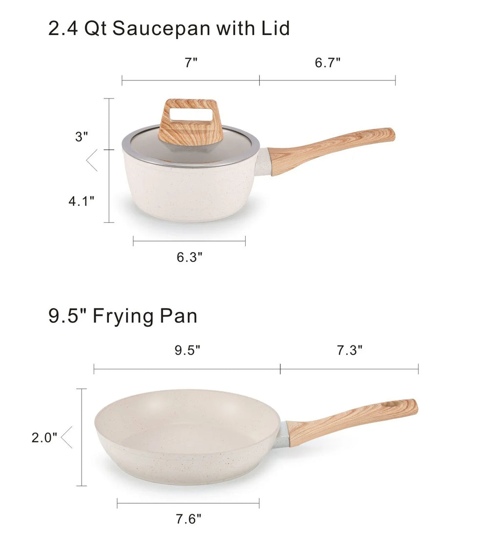 Set di Pentole in Alluminio da 21 Pezzi, Antiaderente, Bianco Granito, per Cucina a Induzione, con Coperchio, Doppio Manico, Utensili in Silicone, Senza PFOA
