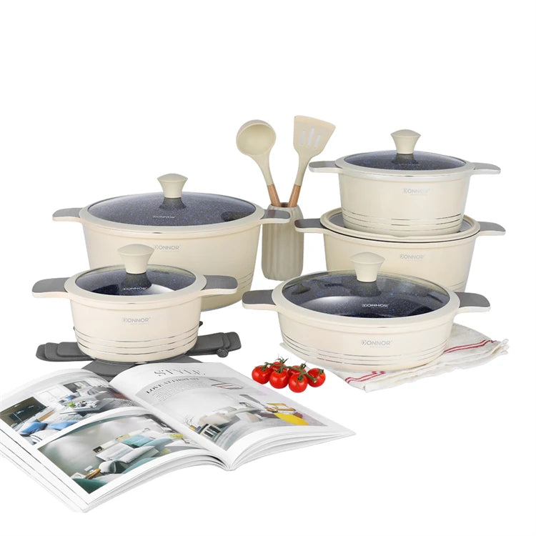 DONNOR 15-teiliges Keramik-Kochgeschirr-Set Töpfe und Pfannen Set Antihaft-Induktionsküche Platzsparendes Kochgeschirr-Set Induktion RV-Set JT445