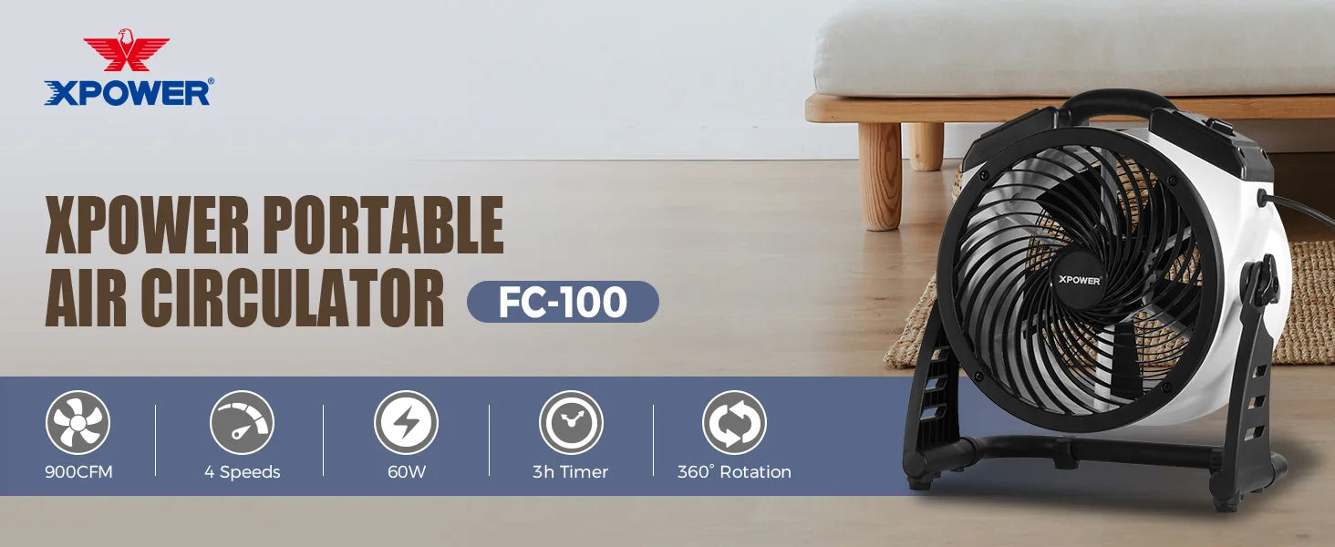 XPower FC-100 Ventilatore Industriale ad Alta Prestazione per Tutta la Stanza, Circolatore d'Aria, Ventilatore da Pavimento Multiuso a Velocità Variabile