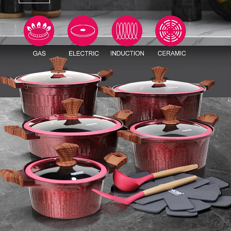 DONNOR Set di Pentole 6/15 Pezzi Pentola per Zuppa Antiaderente Pentola per Stufato con Coperchio in Vetro Pentole per Cappotto Sano in Granito per Stufe da Cucina Universali