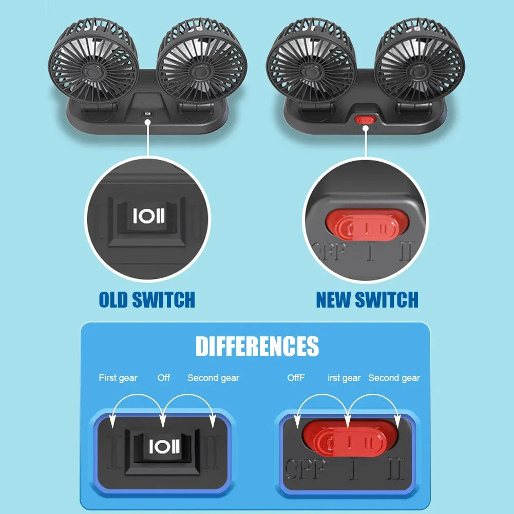 Ventola di Raffreddamento Elettrica per Auto 5V 12V 360° °   Ventilatore USB Multifunzione a Doppia Testa Regolabile, 2 Velocità, per Auto, Casa e Campeggio