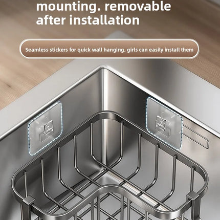 Carbon Steel Kitchen Sink Drain, Wall-Mounted Corner Rag Storage Rack, No Drilling, Waterproof Space Saver